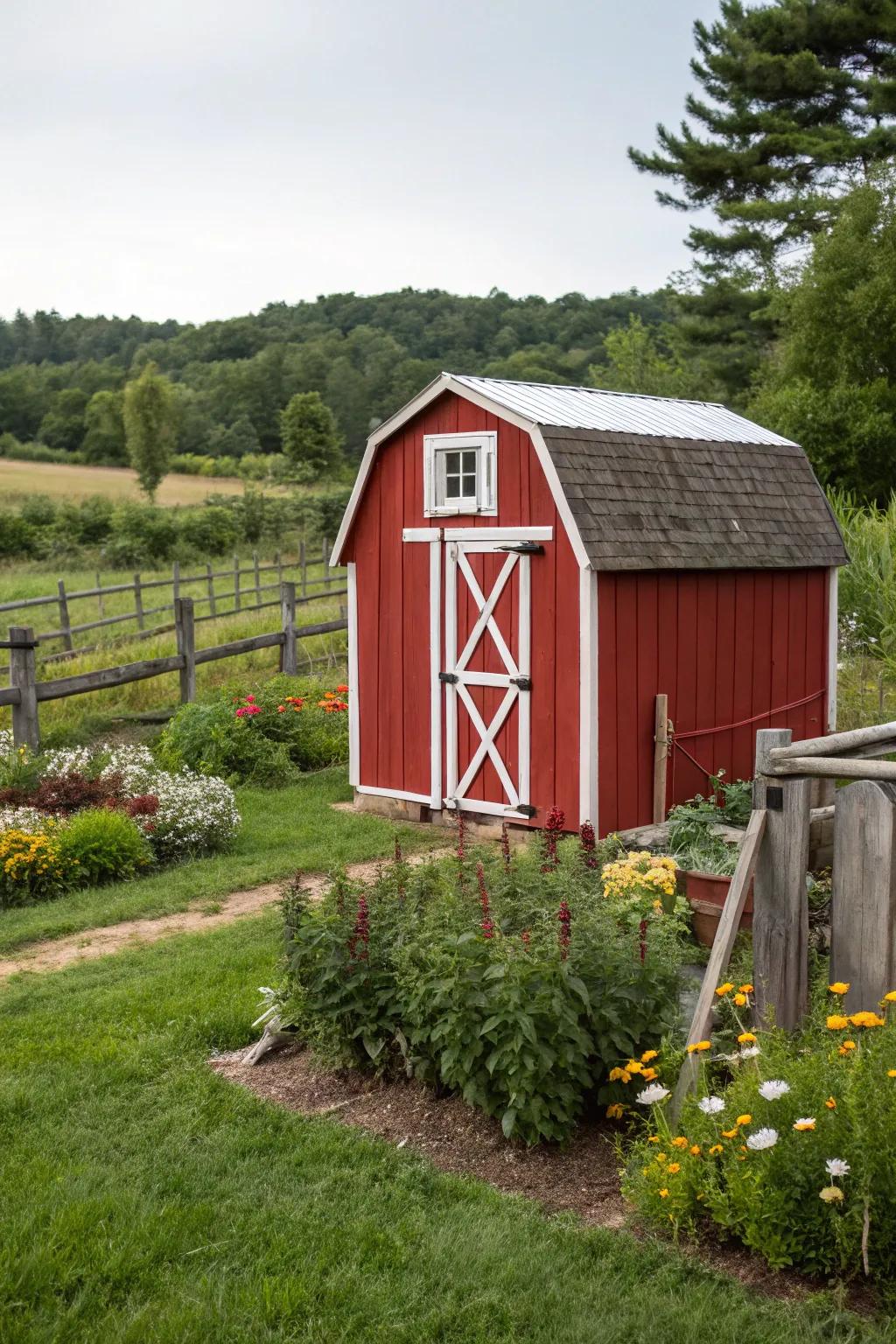 Bold red sheds bring a barn-inspired look to your garden.