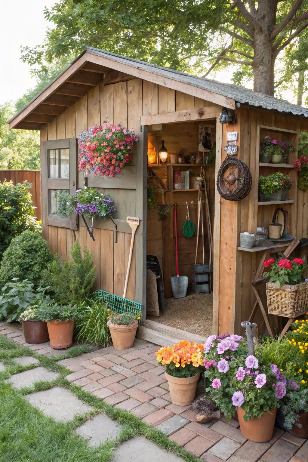 A gardener's paradise with plants and tools as decor in a shed.