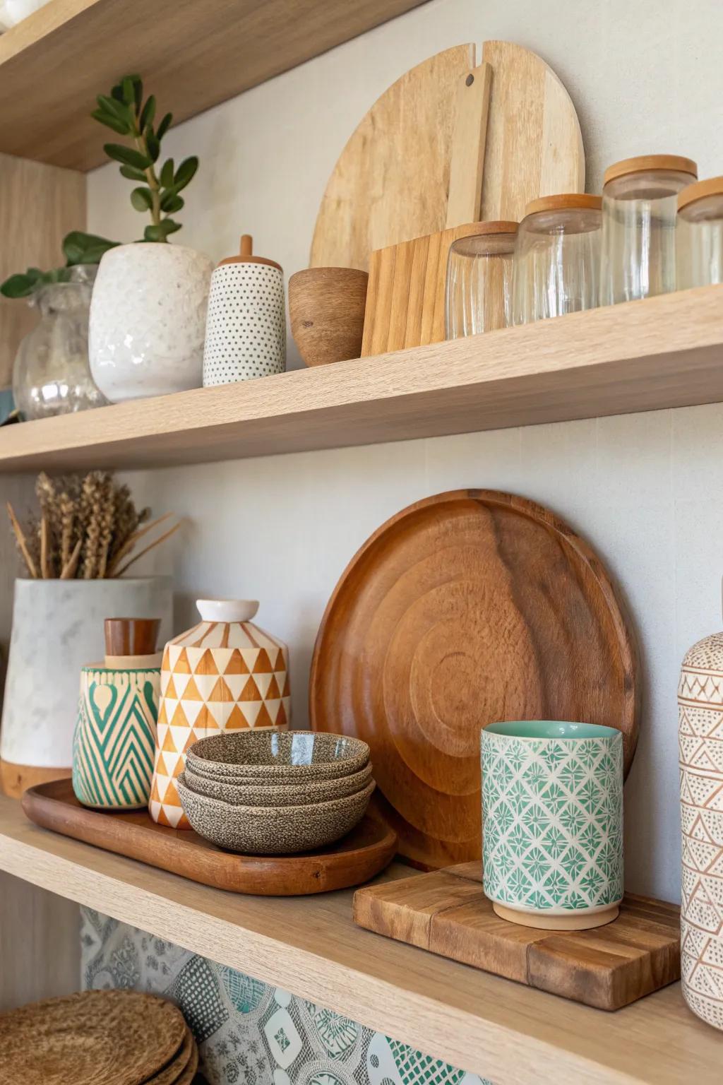 A mix of wood, glass, and ceramic items adds texture to the shelf.