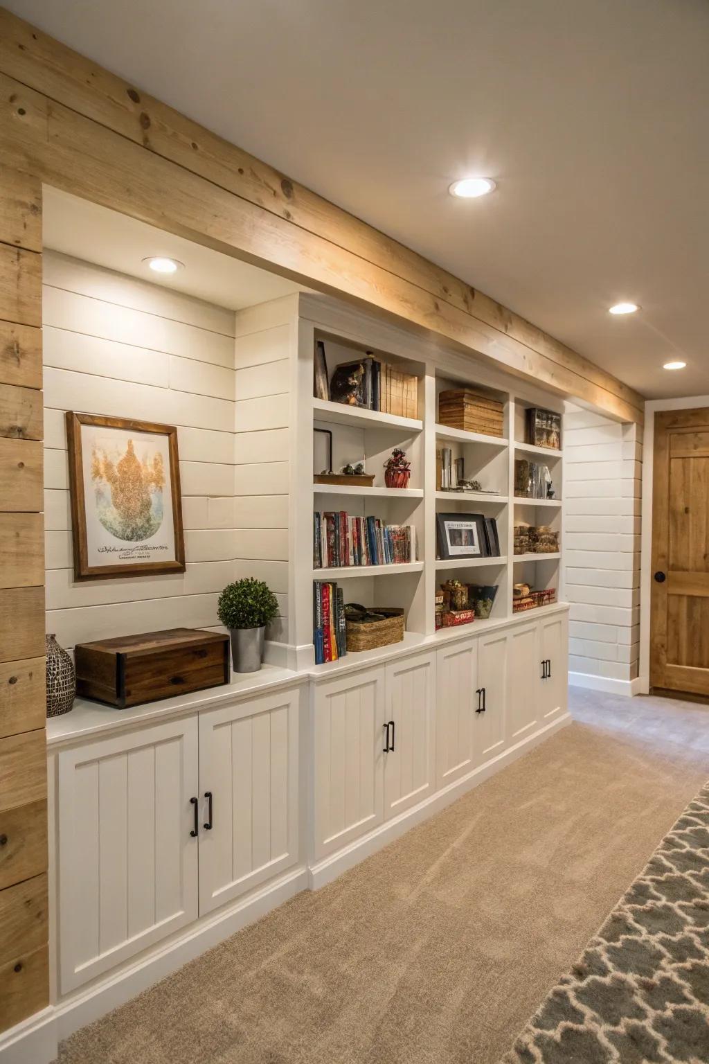 A shiplap accent wall with built-in shelves enhances this basement.