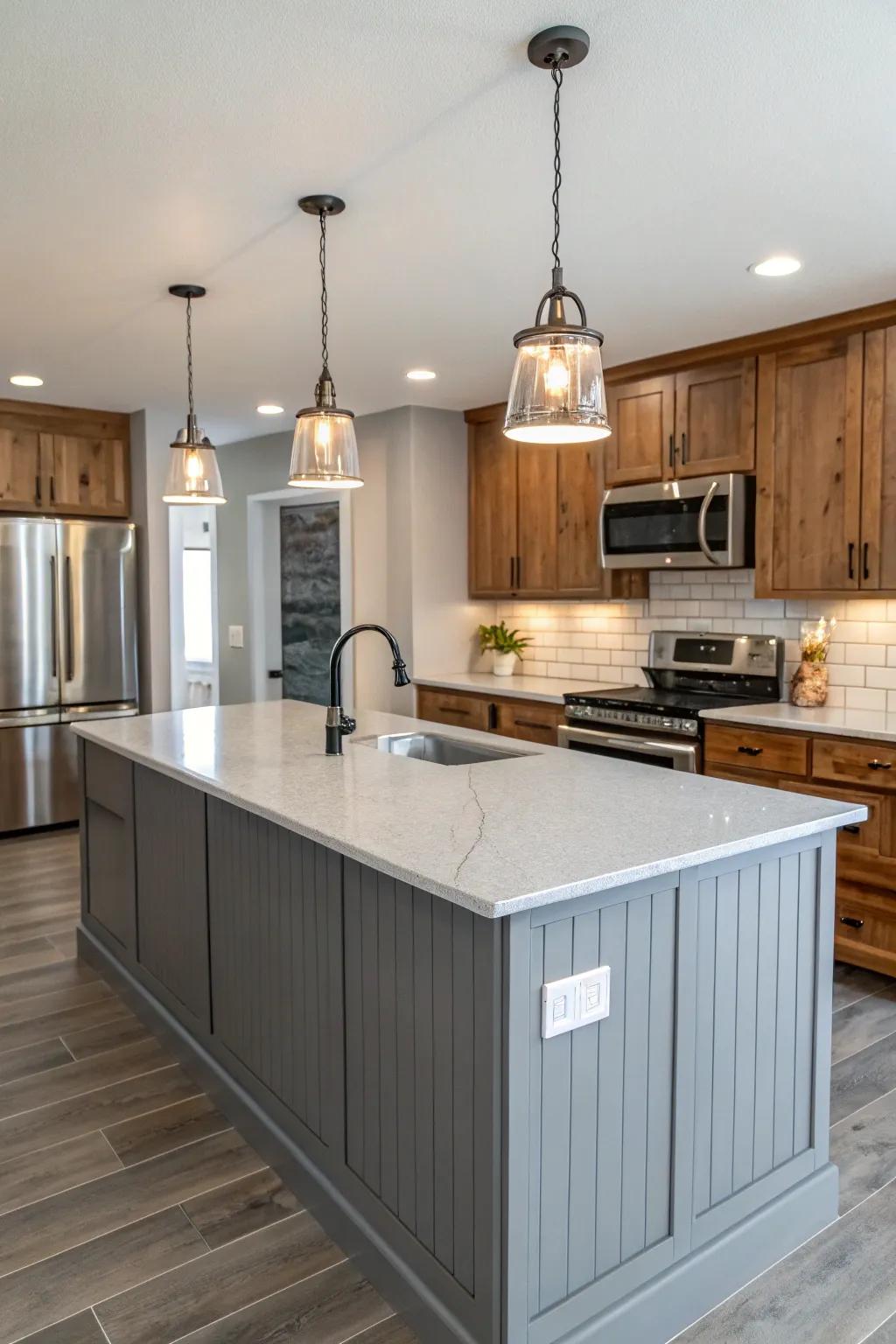 Sophisticated gray shiplap paired with sleek quartz countertops.