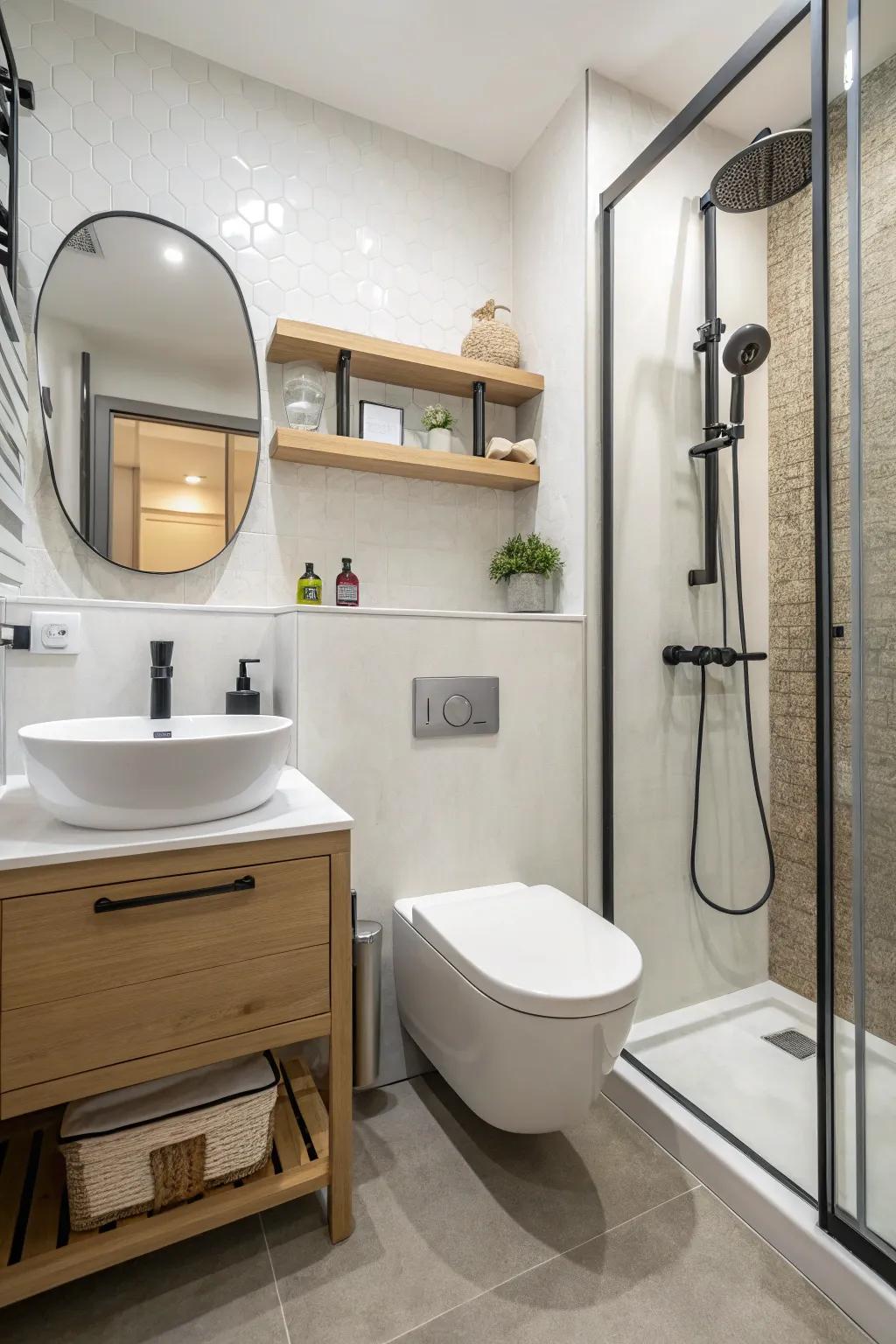 Wall-mounted fixtures keep the floor clear and the space feeling open.