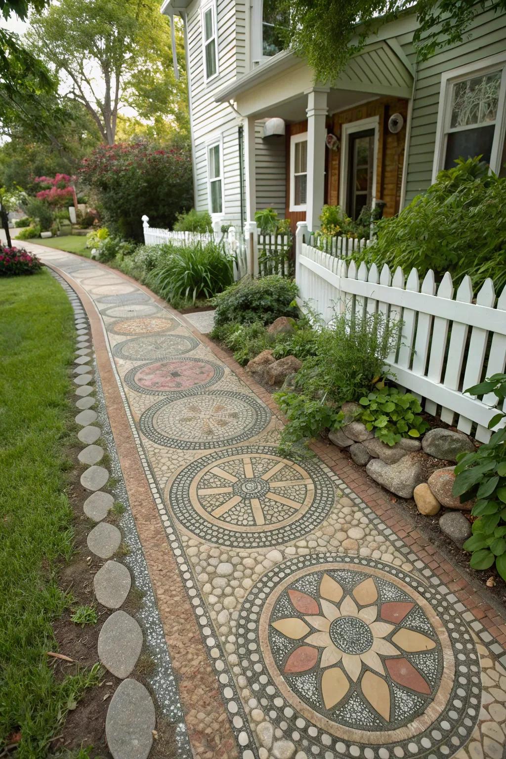 Pebble mosaics add artistic flair to your sidewalk.