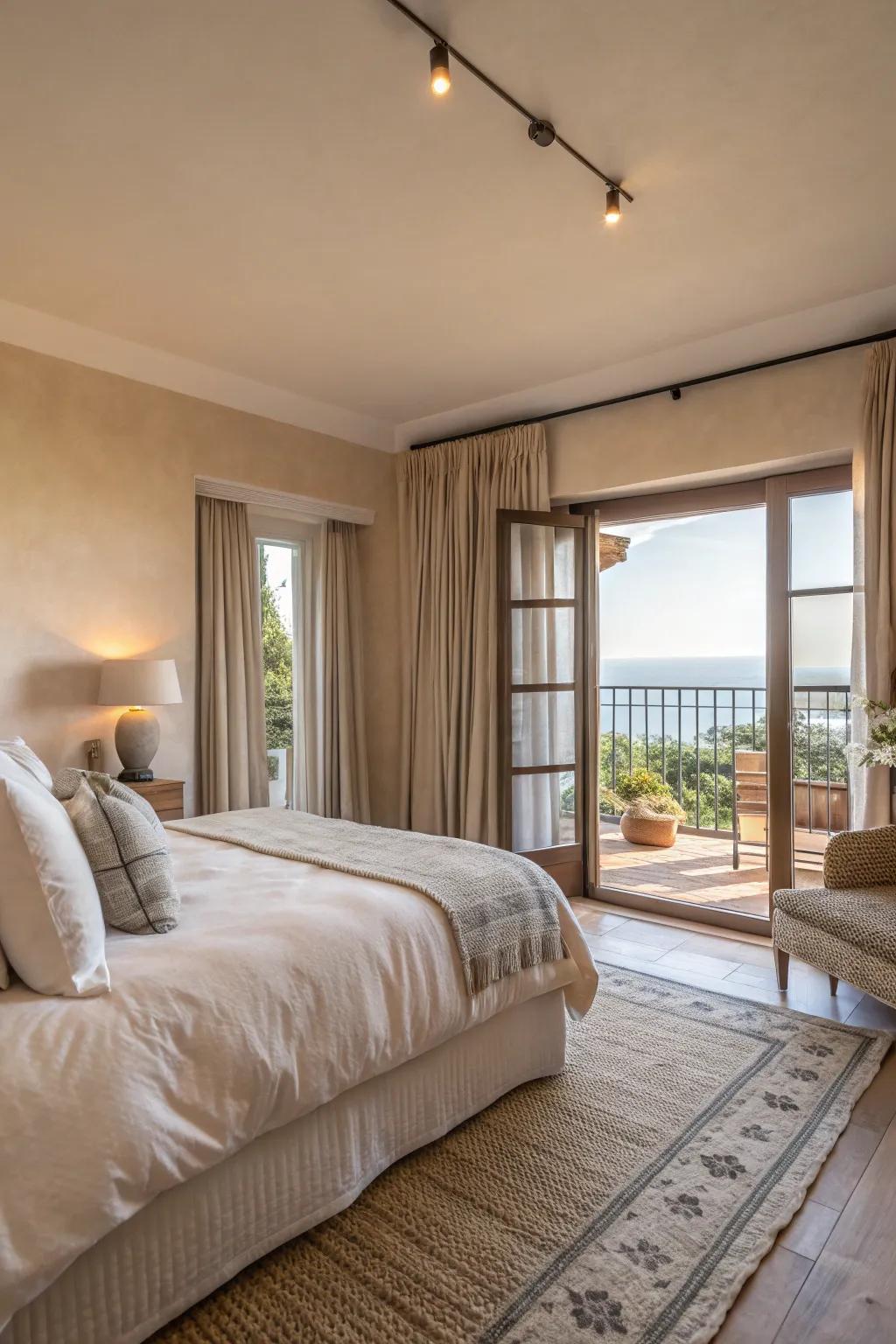 Serene bedroom with a neutral color scheme extending to the balcony.