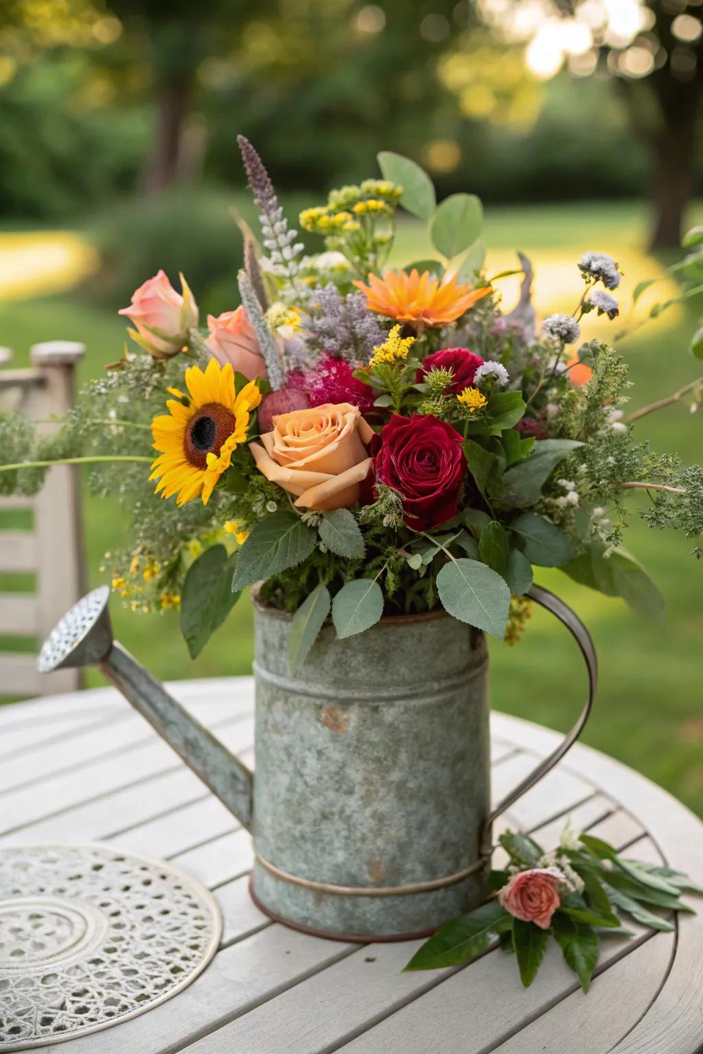 A vibrant mix of roses and garden flowers for a lively arrangement.