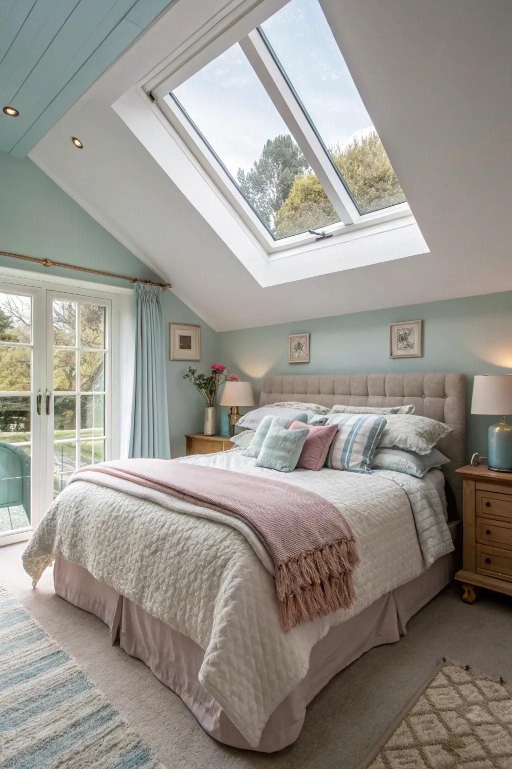 A tranquil bedroom softly lit by a skylight.