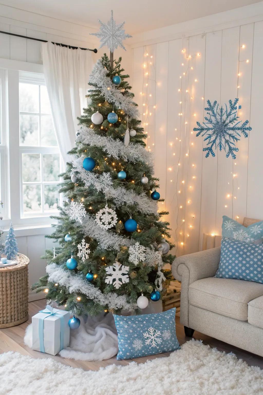 A winter wonderland theme brings a magical touch to a slim tree.