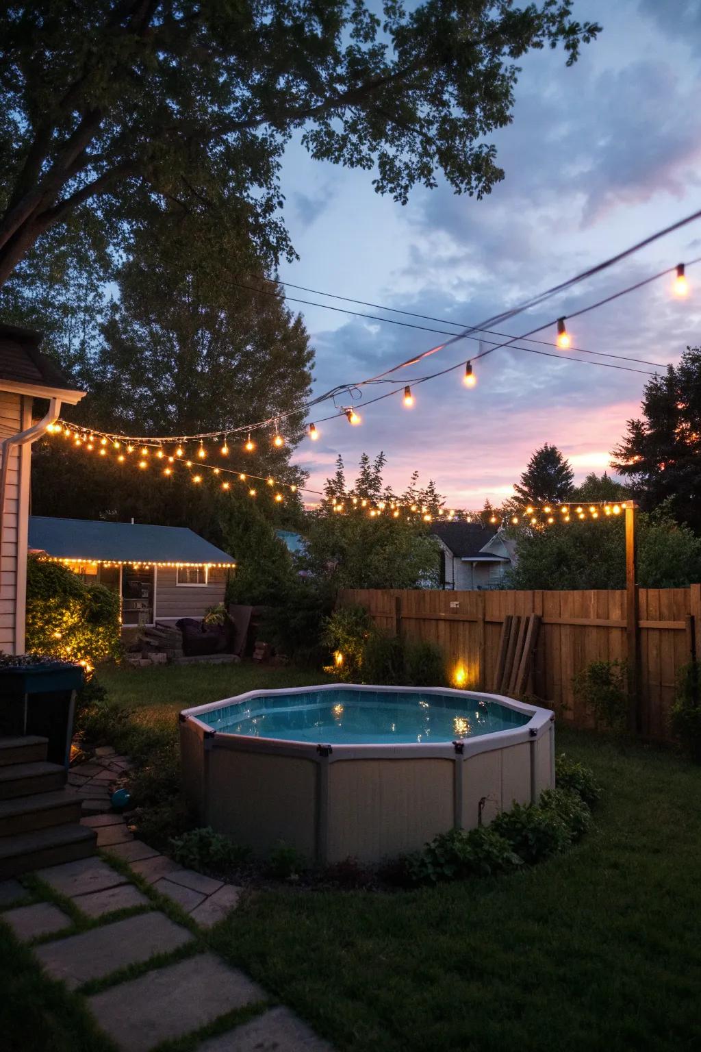 Twinkling string lights casting a warm glow over an above-ground pool, perfect for nighttime enjoyment.