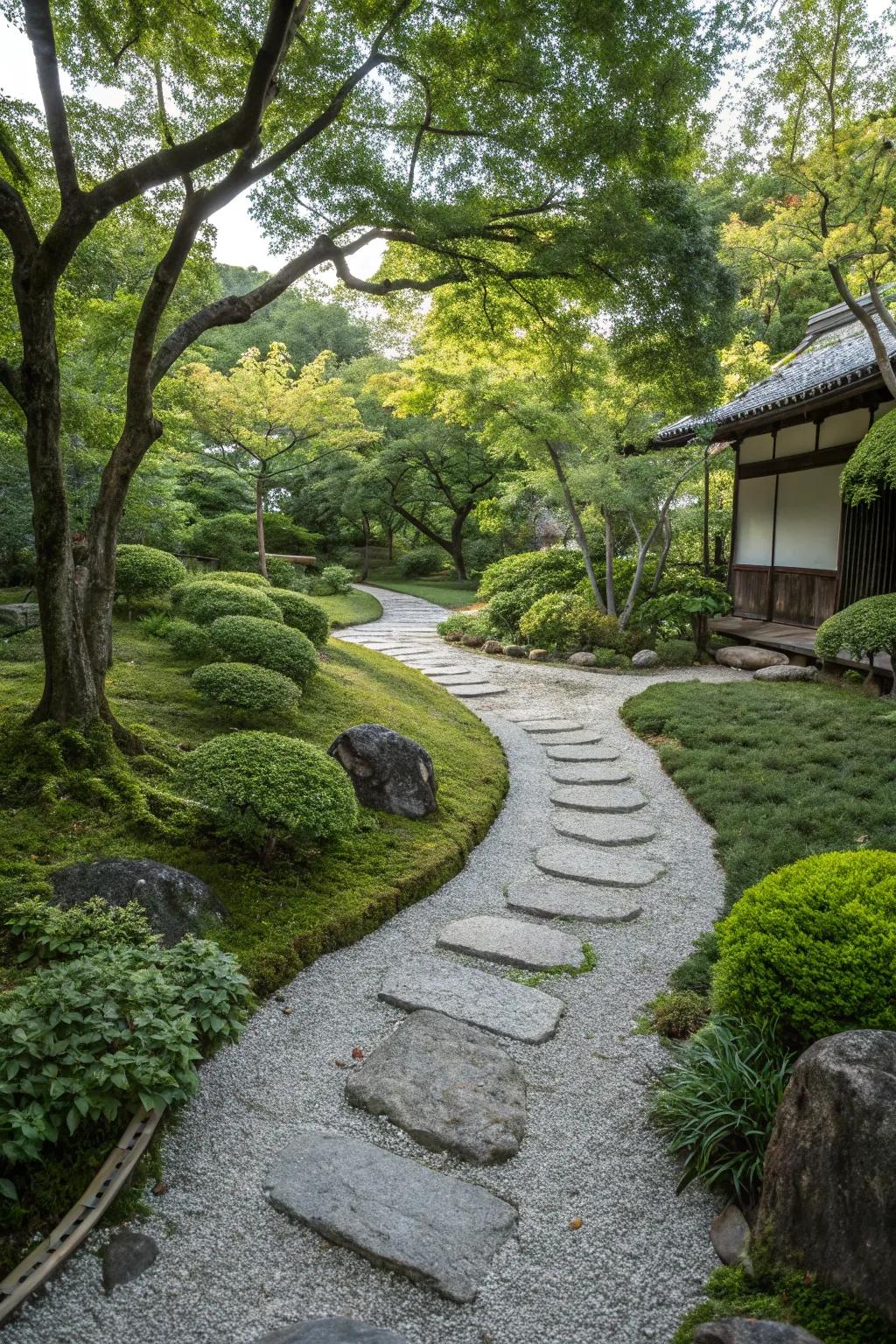 A zen garden featuring a stepping stone path that winds through greenery and gravel.