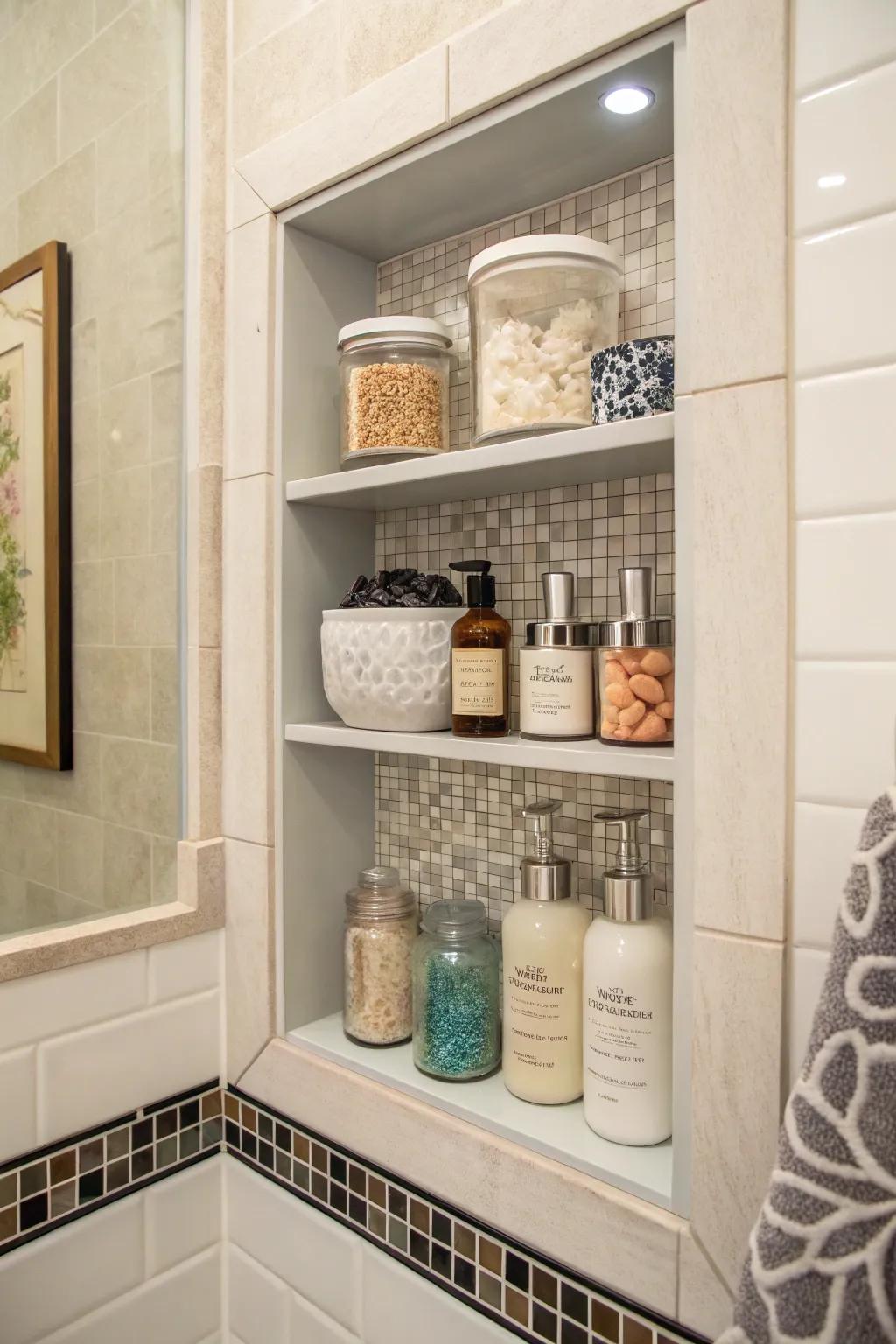 Recessed niches offer space-saving storage.