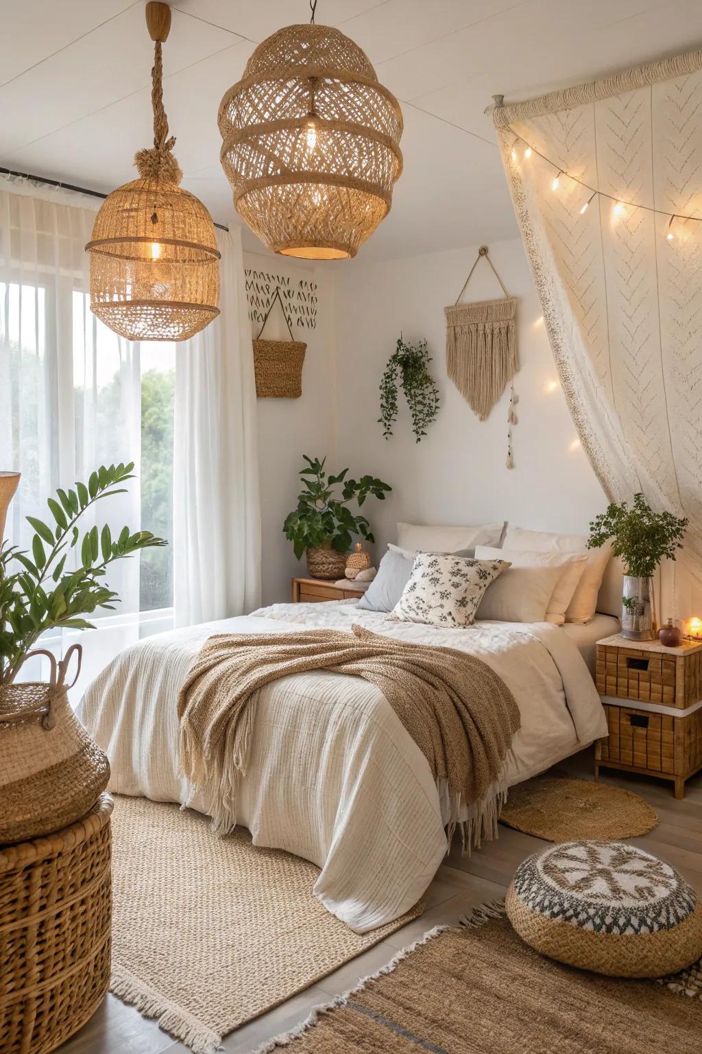 Rattan and woven accessories add a bohemian touch to this small bedroom