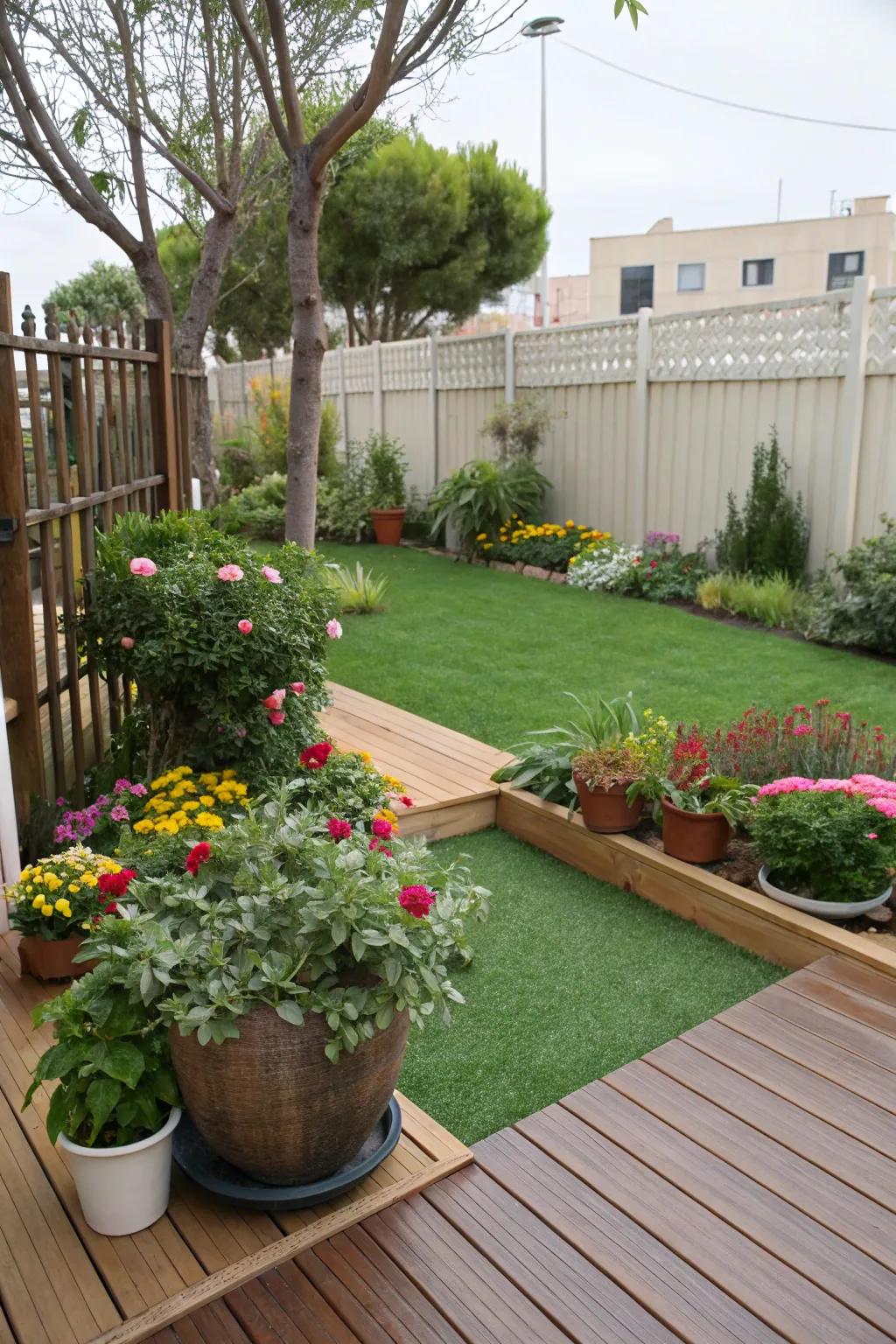 Potted plants adding color and texture to an artificial grass garden.