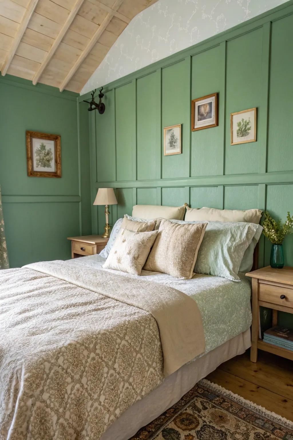 Light neutral bedding complements green walls beautifully.