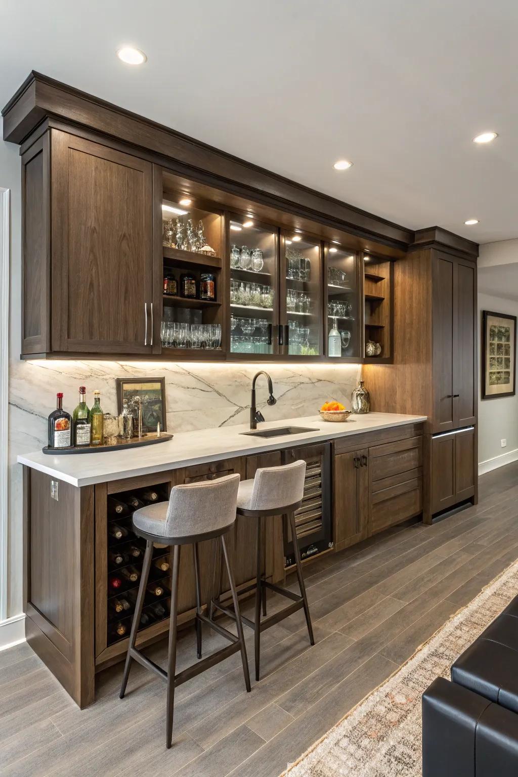 An integrated kitchen bar creates a harmonious and efficient use of space.