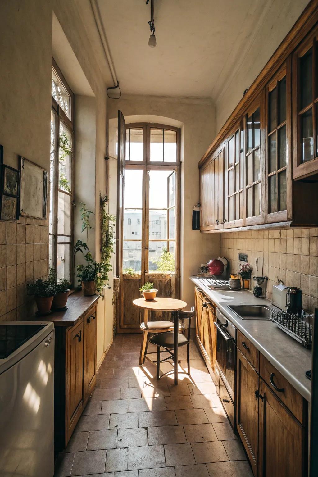 Natural light enhances the spacious feel of this narrow kitchen.