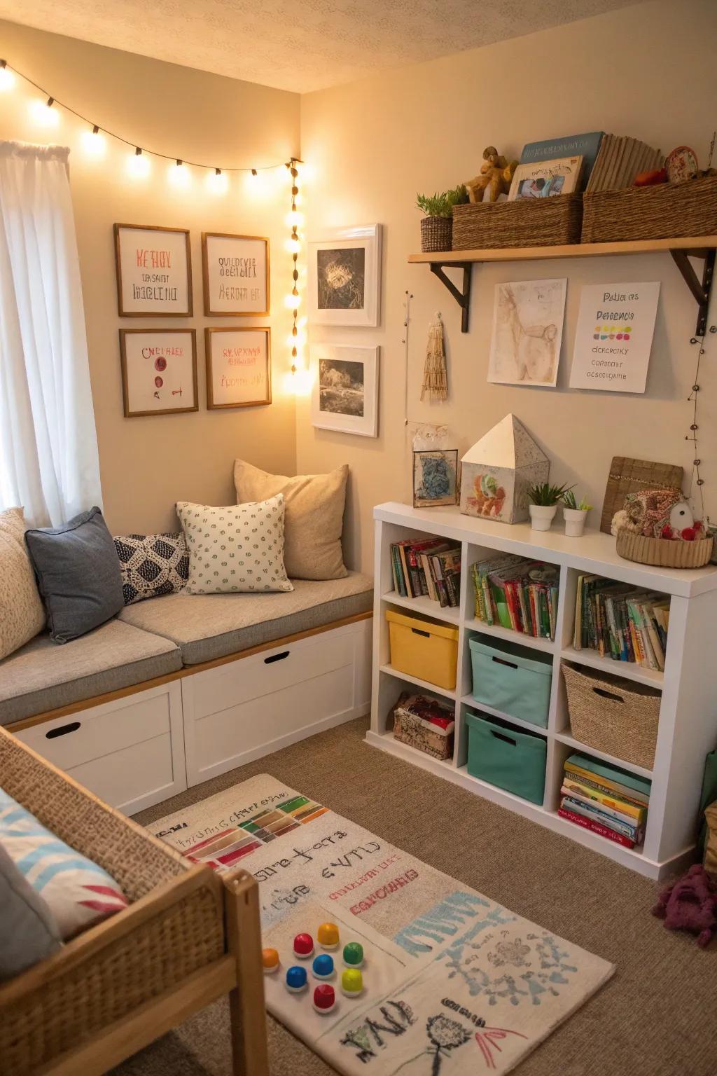 A playroom divided into activity zones for better organization.