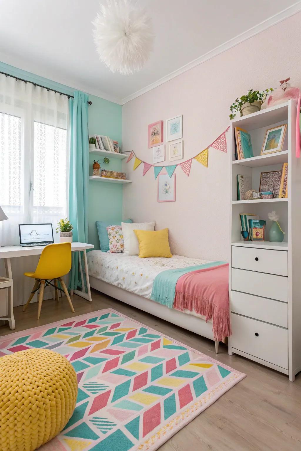 Light colors create an illusion of space, enhanced by strategic color accents.