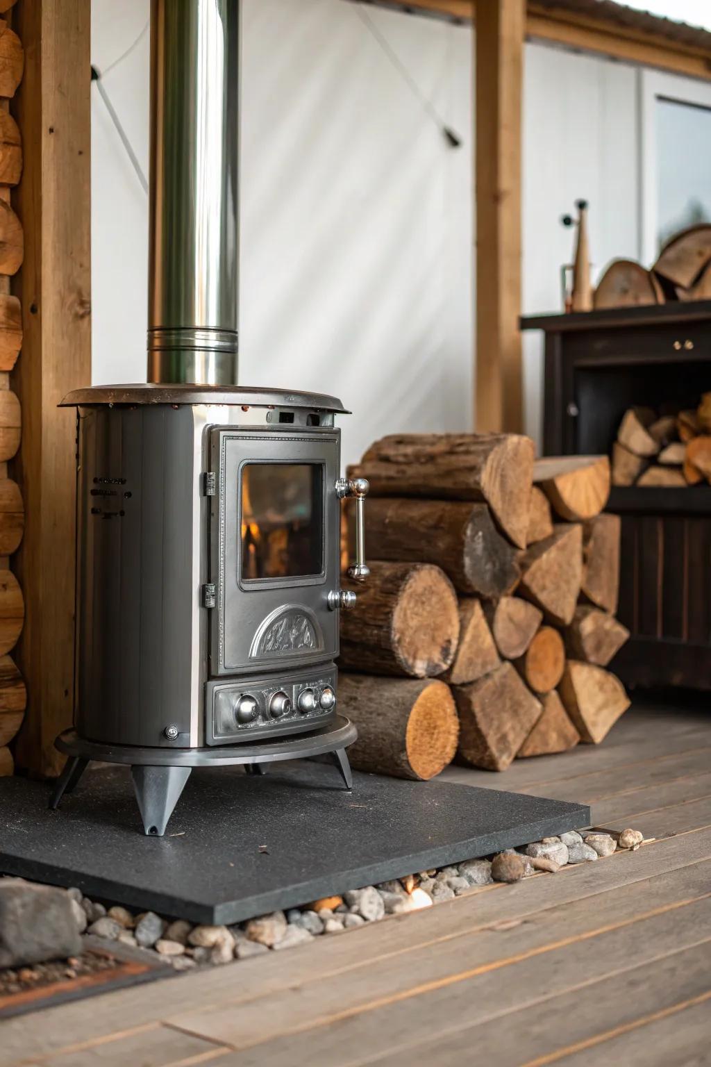 A perfect blend of modern and rustic elements with a sleek wood stove and wooden accents.