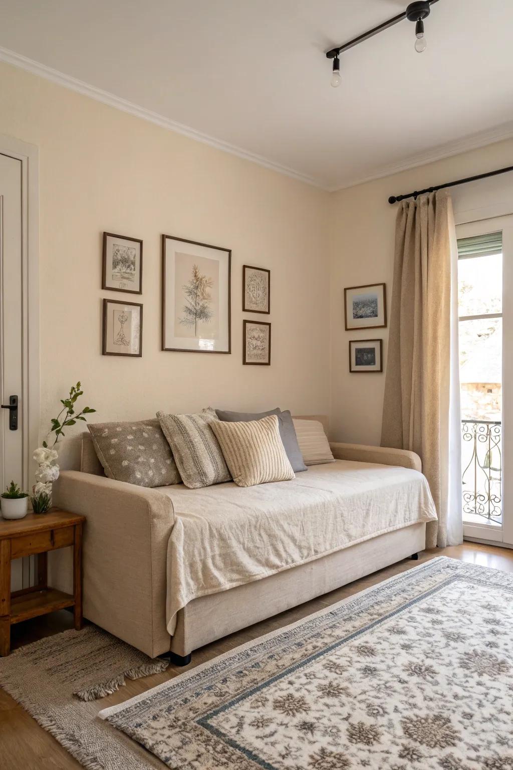 Neutral tones create a serene bedroom atmosphere.