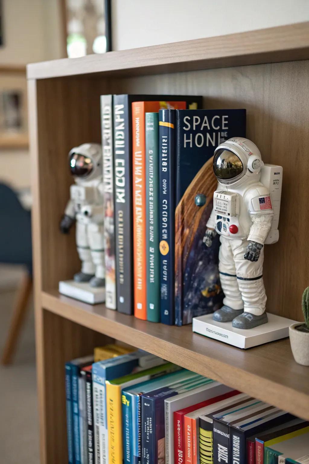 Astronaut bookends that add a playful touch to your bookshelf.