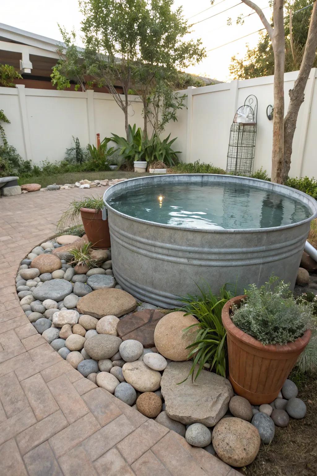 Natural elements create a rustic charm around a stock tank pool.