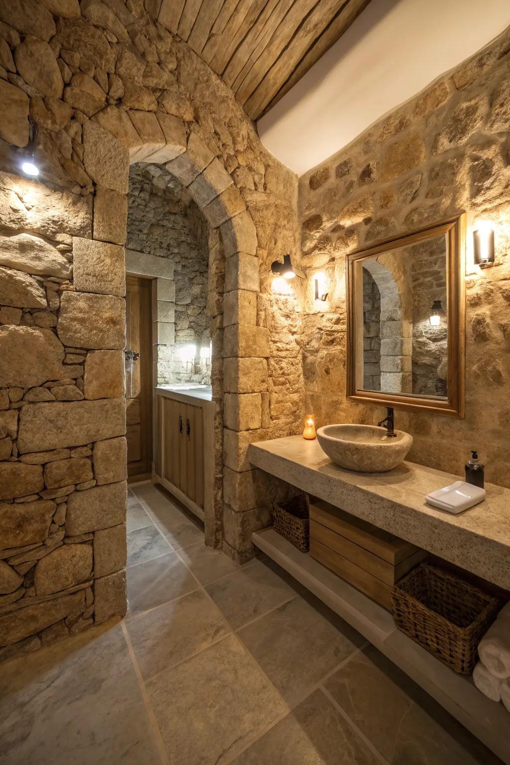 Ambient lighting accentuates the textures in this stone bathroom.