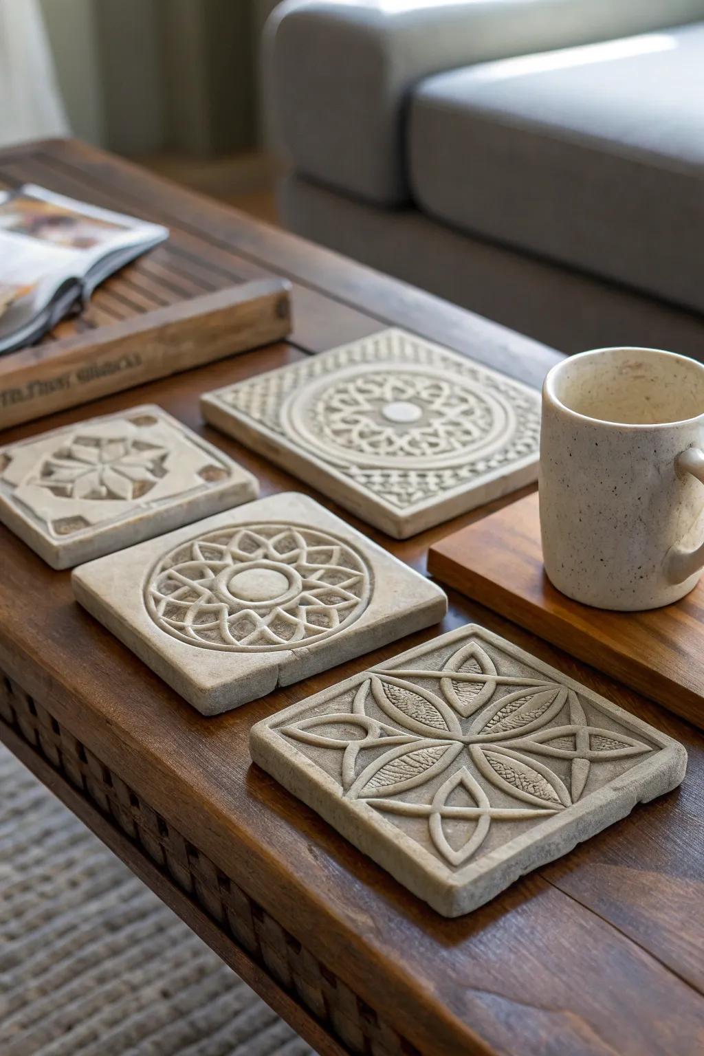 Chic DIY stone coasters with geometric designs.