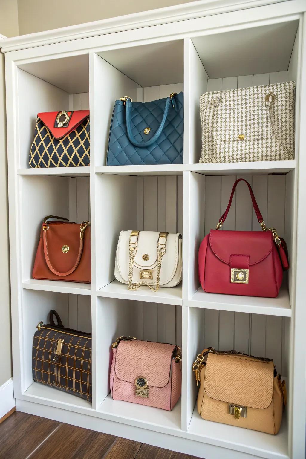 Cubbies neatly organizing a variety of purses.