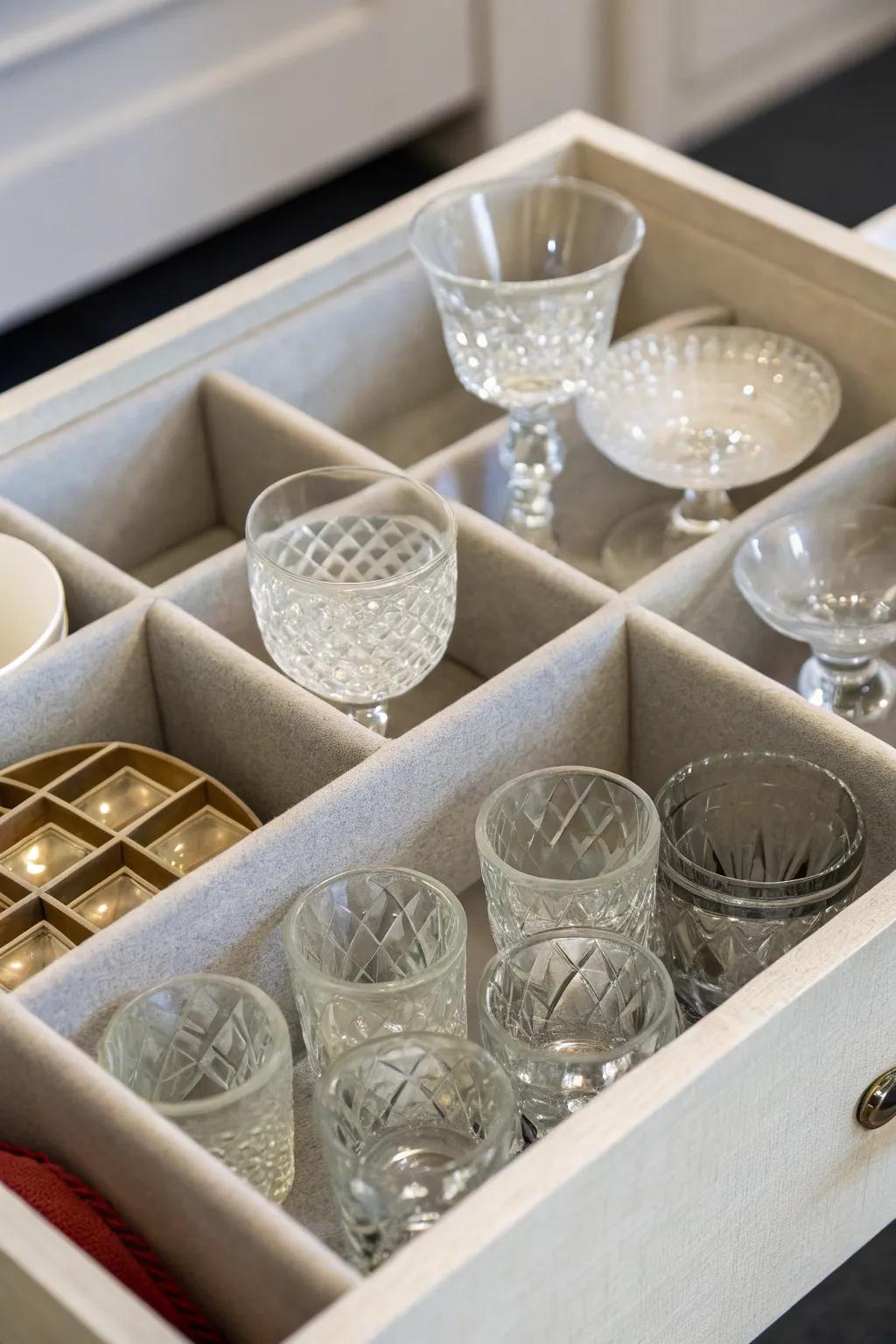 Compartmentalized boxes offer safe storage for delicate glassware.