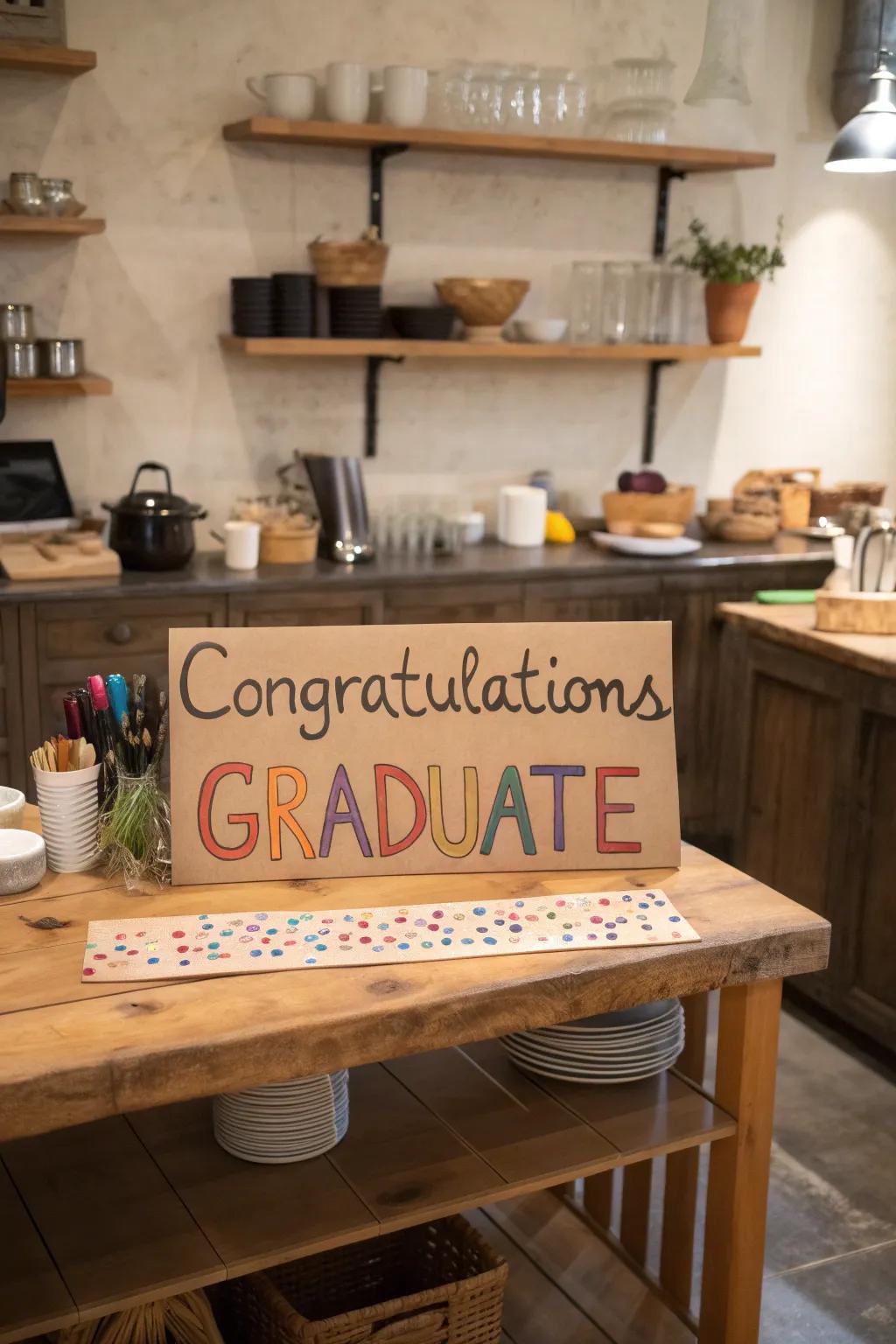 DIY custom signage adds a personal and celebratory touch to the decor.