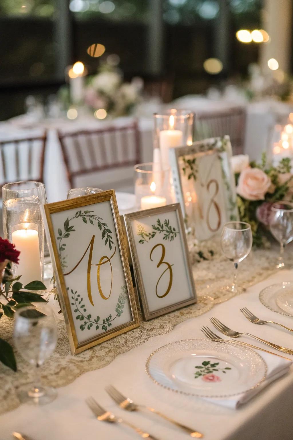 Calligraphic glass frames add a timeless elegance to your tables.