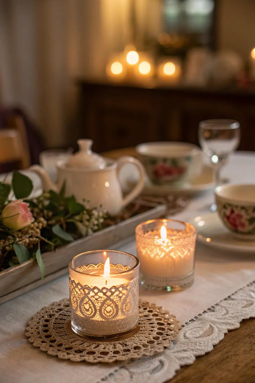 Candles bring a warm and inviting glow to your tea party.