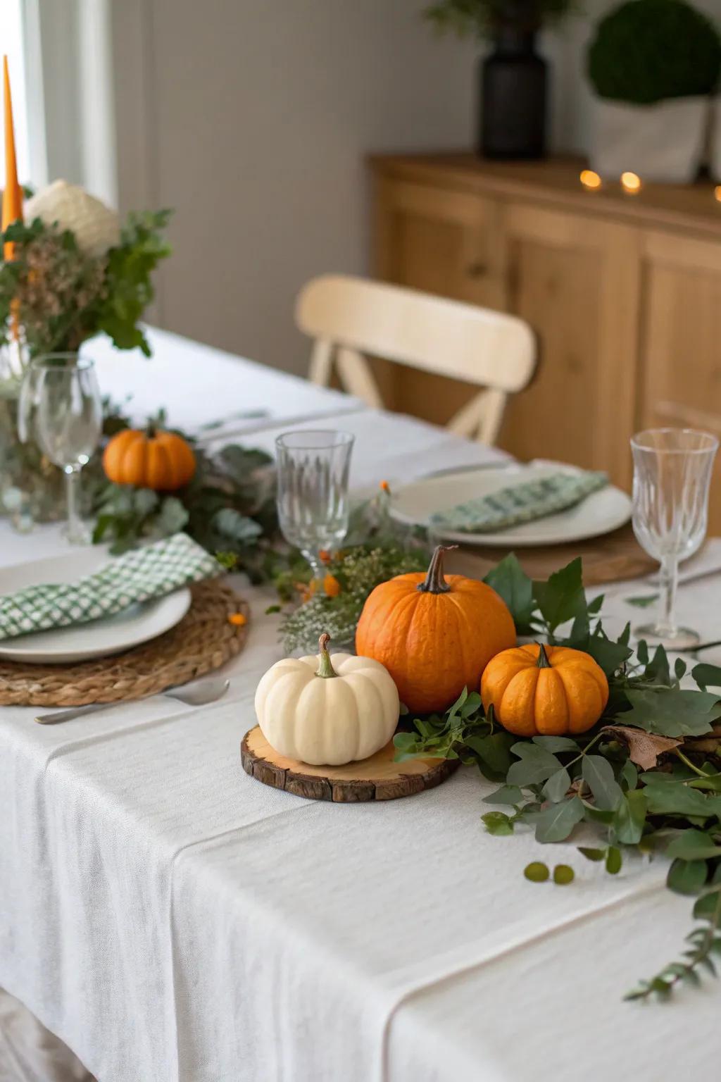 Seasonal accents like pumpkins and greenery add charm to the table.