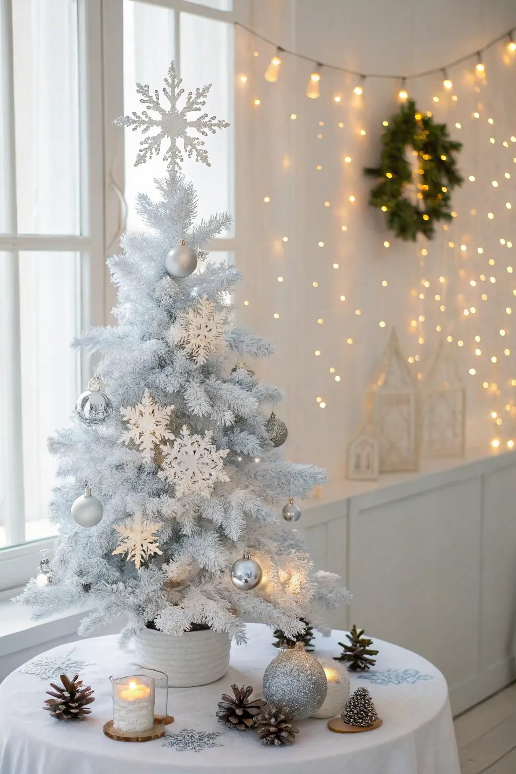 A winter wonderland themed tabletop Christmas tree.