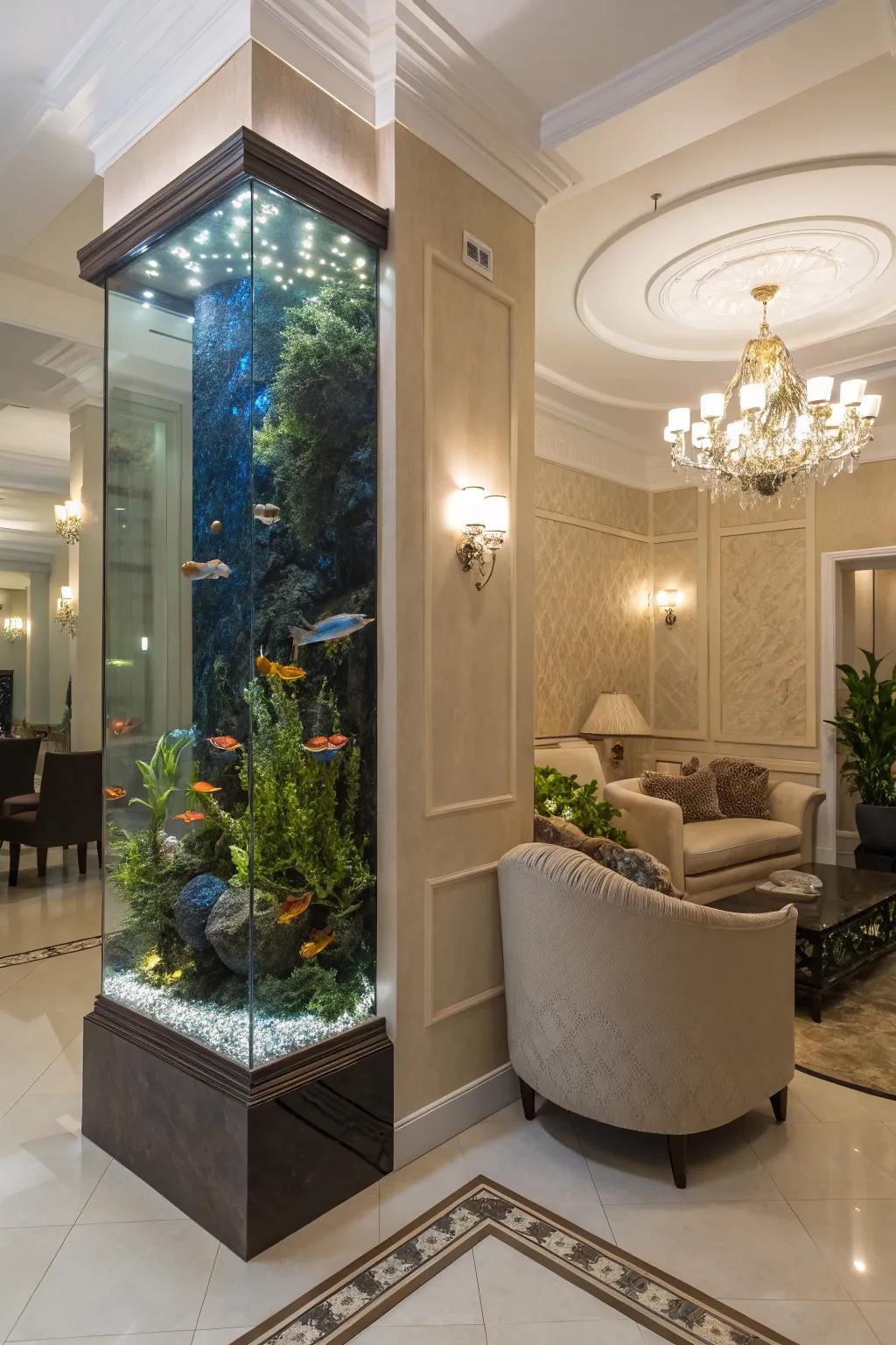 A tall aquarium making a bold statement in the corner of a room.