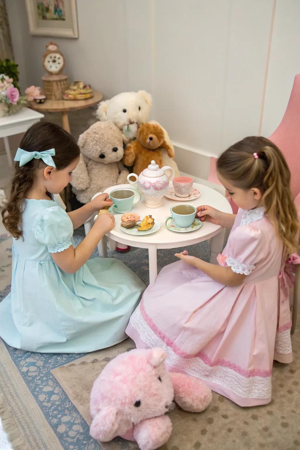 Children in pastel outfits enjoying a whimsical tea party with their plush friends.