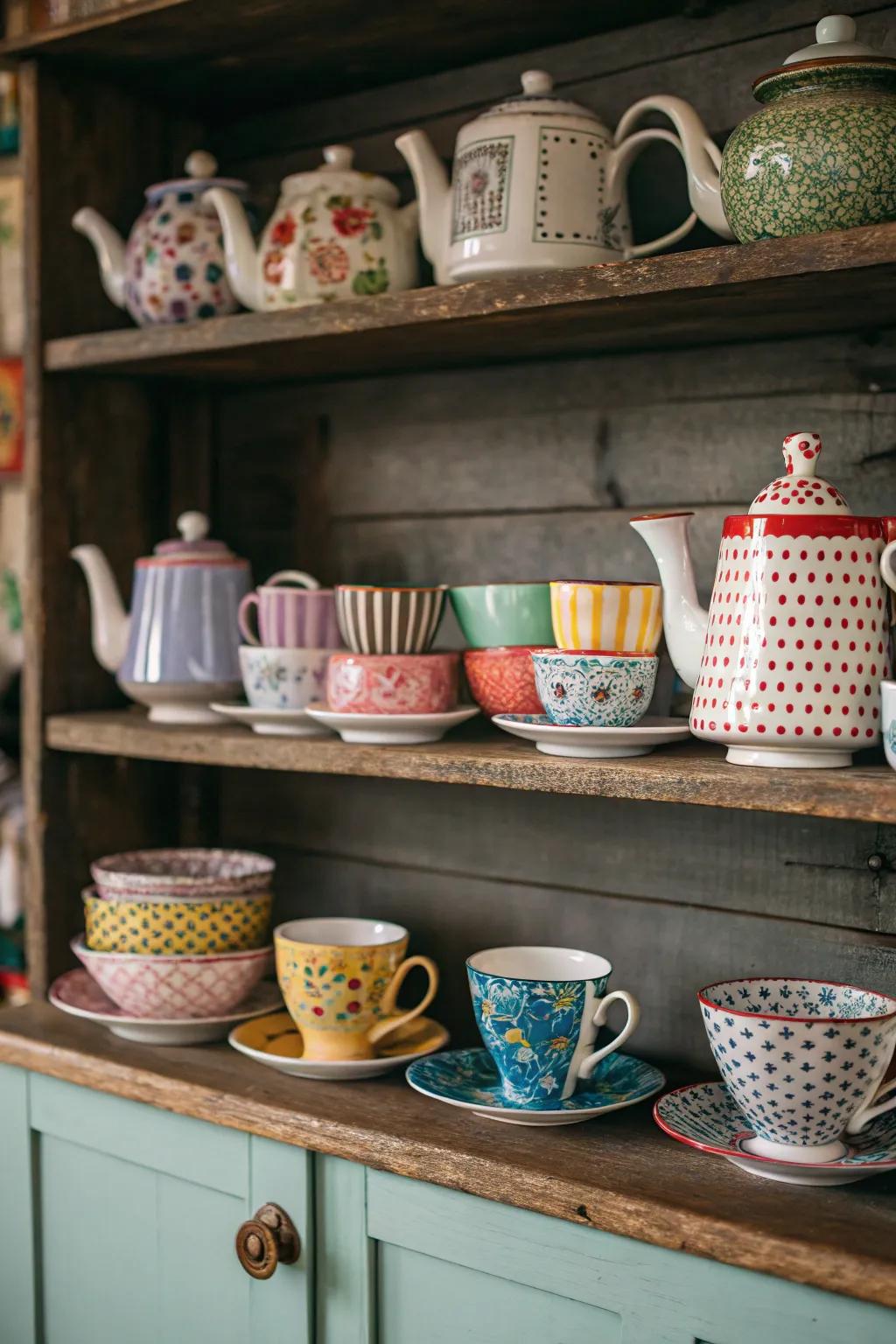 An eclectic mix of tea sets for a vibrant and playful display.