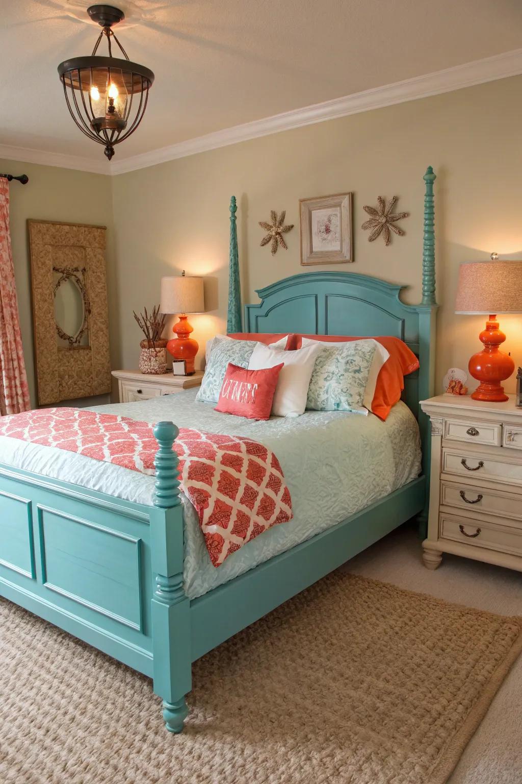 Teal bed frame accented with coral elements for elegance.