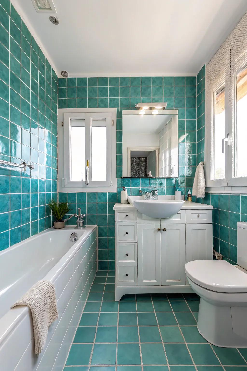 Teal and white together create a fresh and spacious feel.