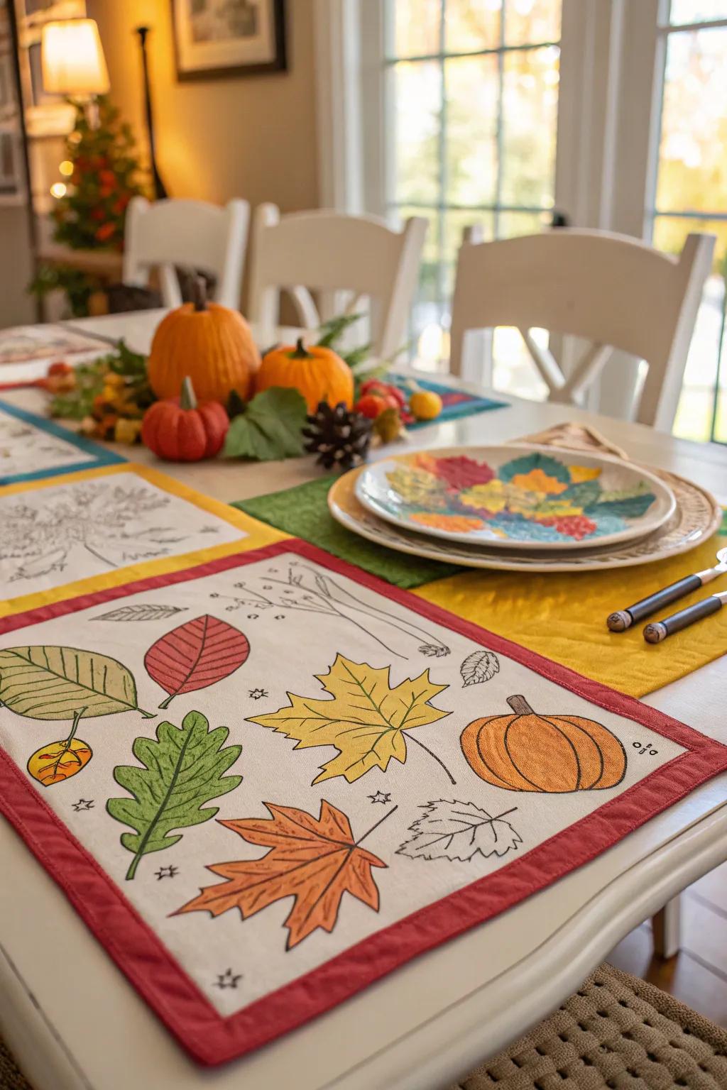 Handmade Thanksgiving placemats adding a personal touch to the dinner table.