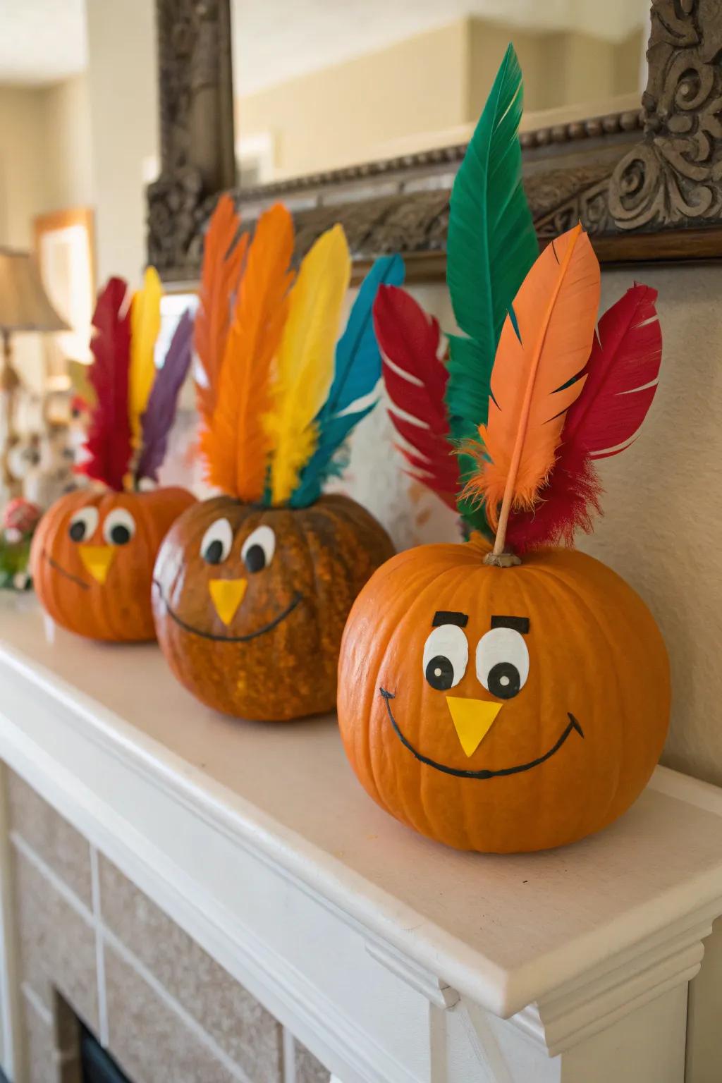 Charming turkey-themed pumpkins for a playful touch.