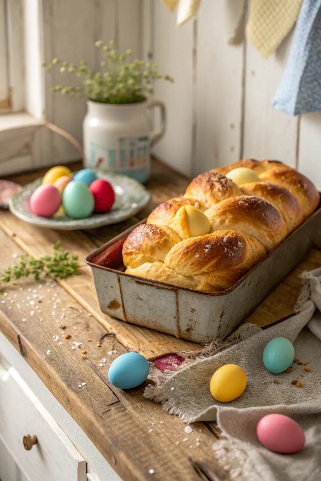 Homemade braided Easter bread, fresh from the oven.