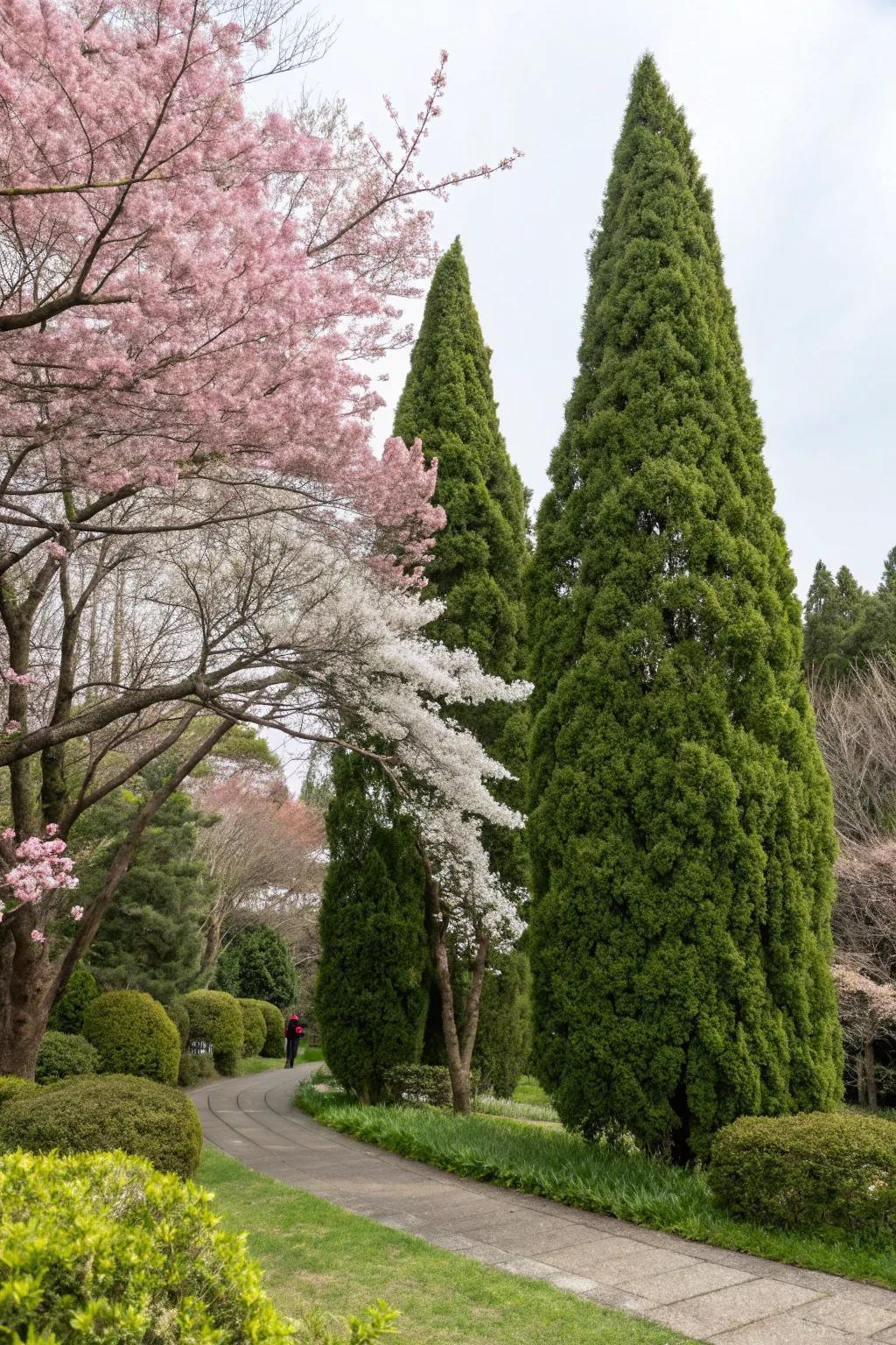 Create a stunning contrast with Thuja and flowering cherry trees.