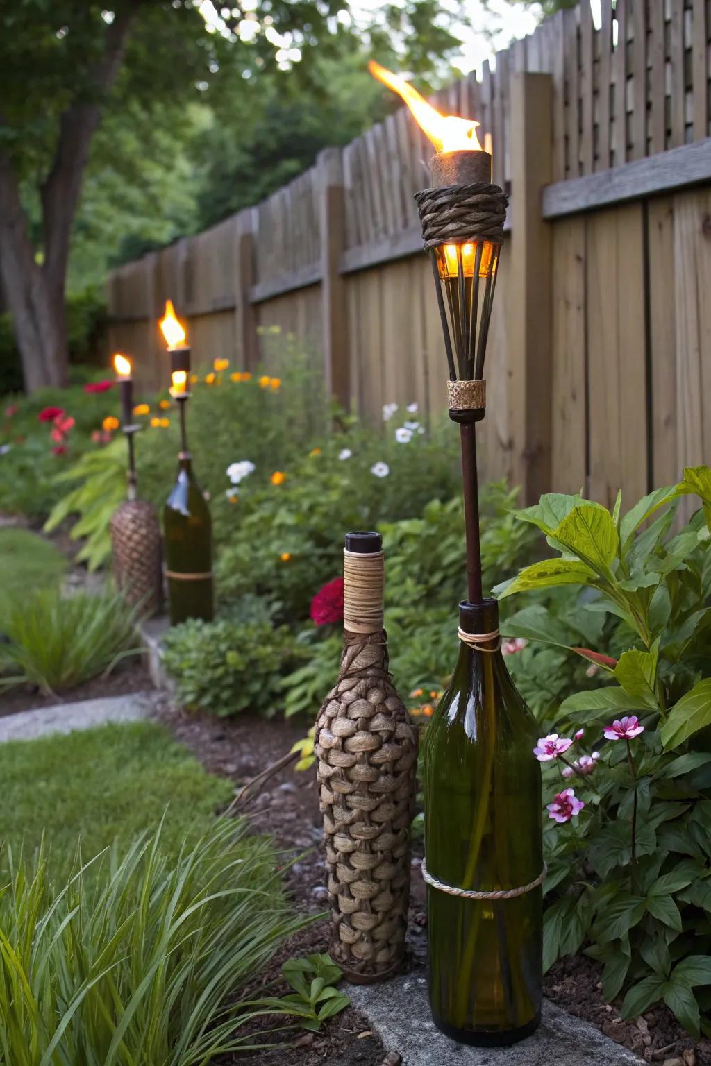 Upcycle wine bottles into personalized tiki torches.