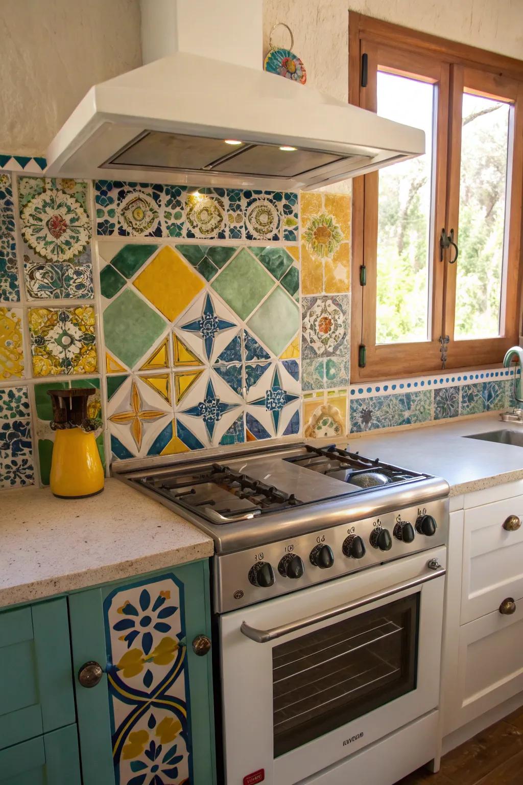 A vibrant mosaic backsplash adds a splash of color and artistry.