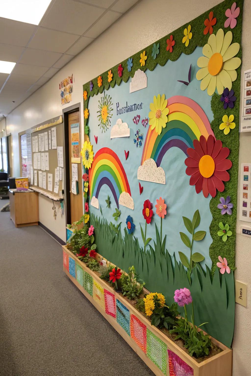 A nature-themed board adorned with flowers and rainbows.