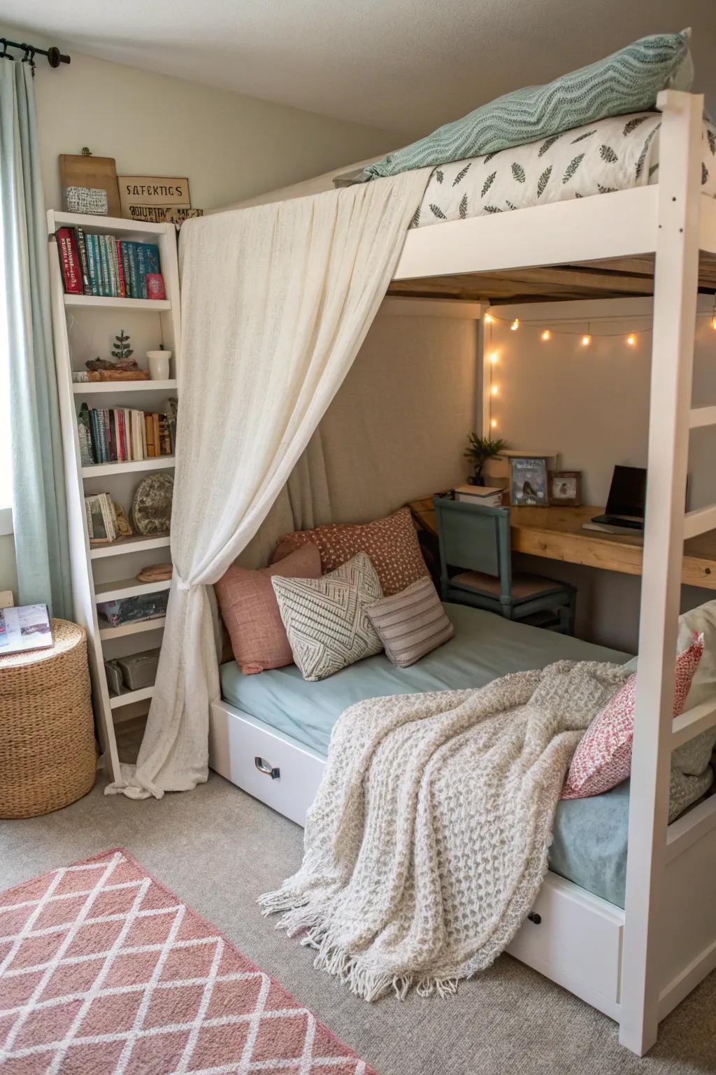 A cozy reading nook atop the bunk is perfect for book lovers.