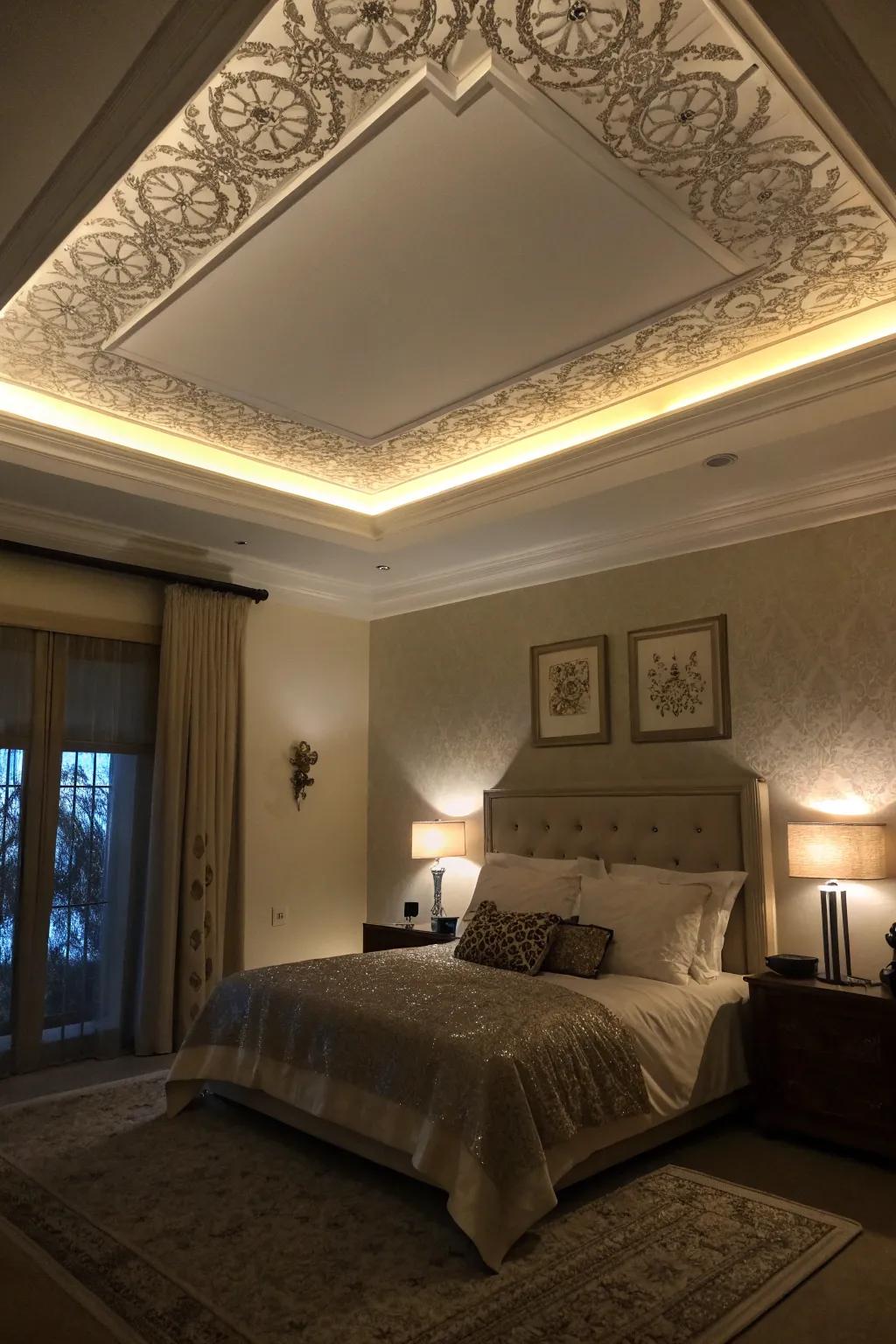 A bedroom with cove lighting casting a gentle glow on a tray ceiling.