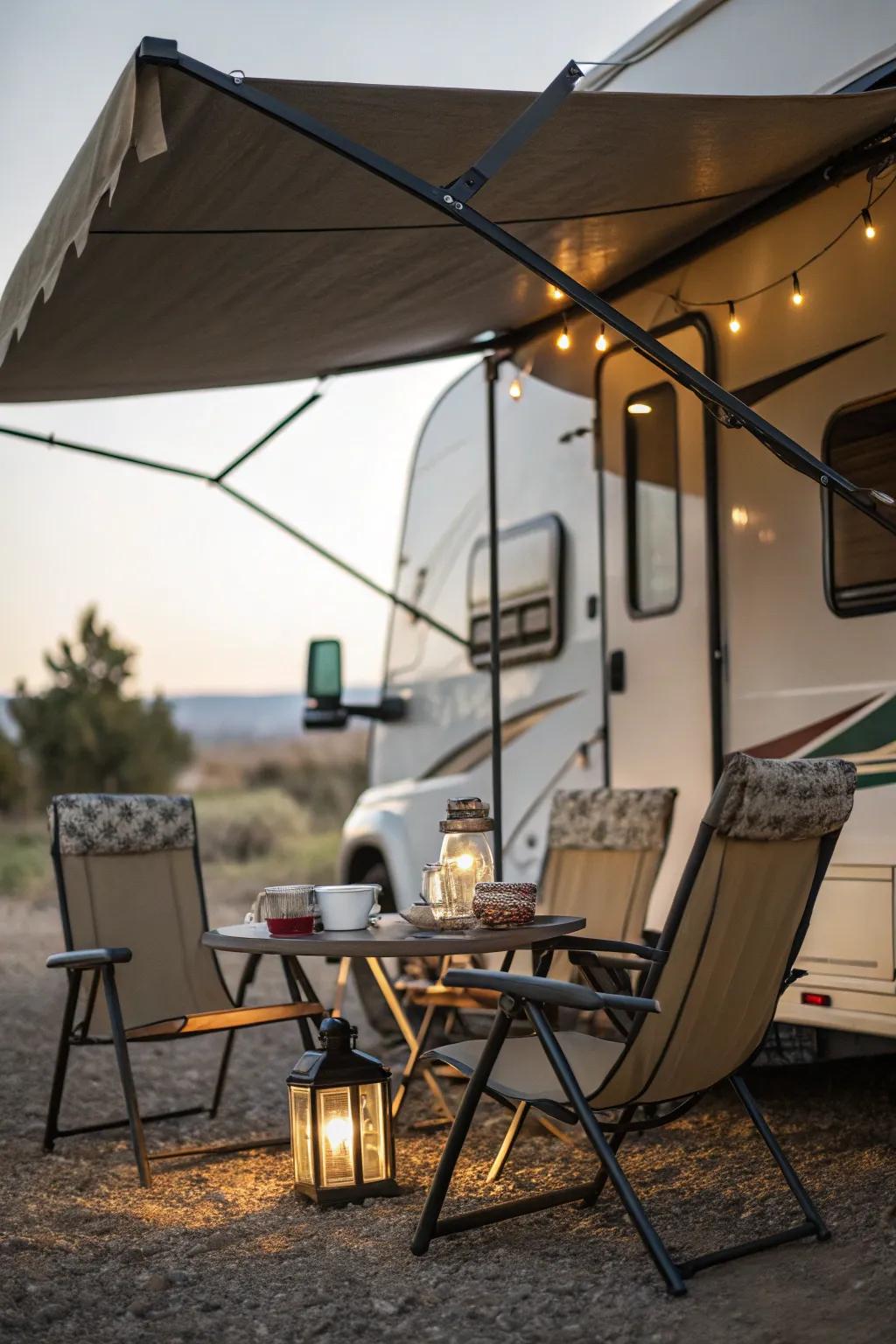 Portable furniture enhancing the comfort under a camper awning.