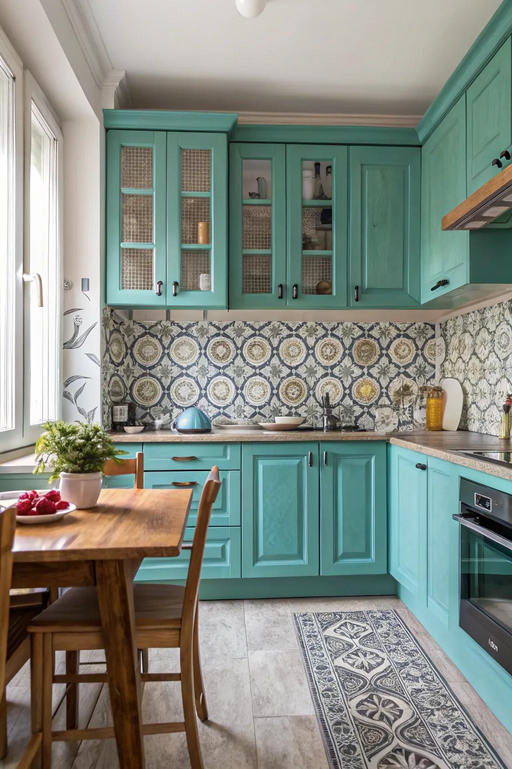 A vibrant backsplash adding texture to a turquoise-themed kitchen.